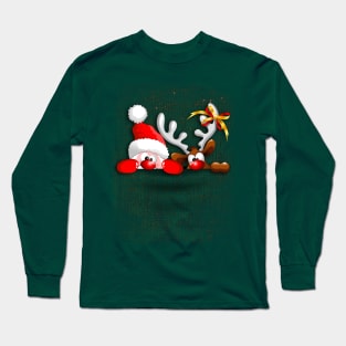 Funny Christmas Santa and Reindeer Cartoon Long Sleeve T-Shirt